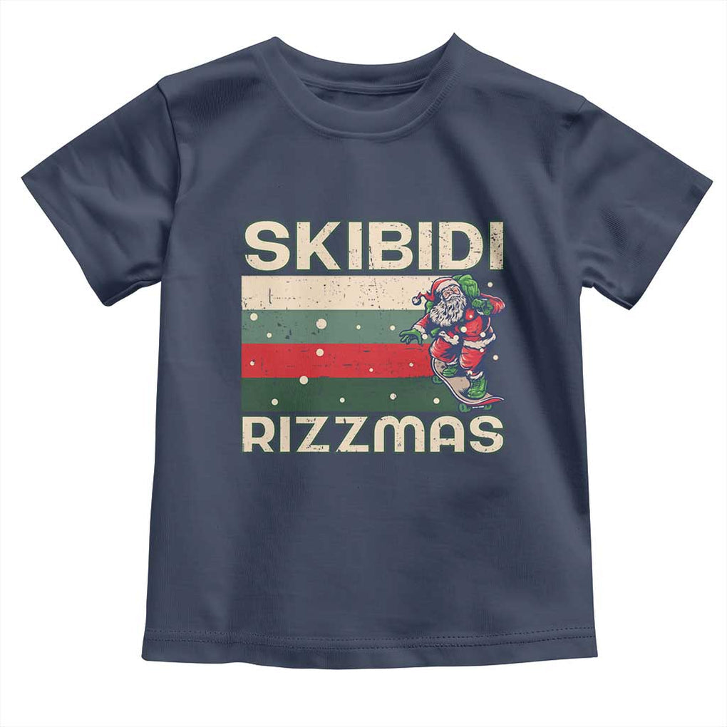 Funny Christmas Toddler T Shirt Skibidi Rizzmas Rizz Santa Clause Skating Board Xmas Retro Stripe TS10 Navy Print Your Wear