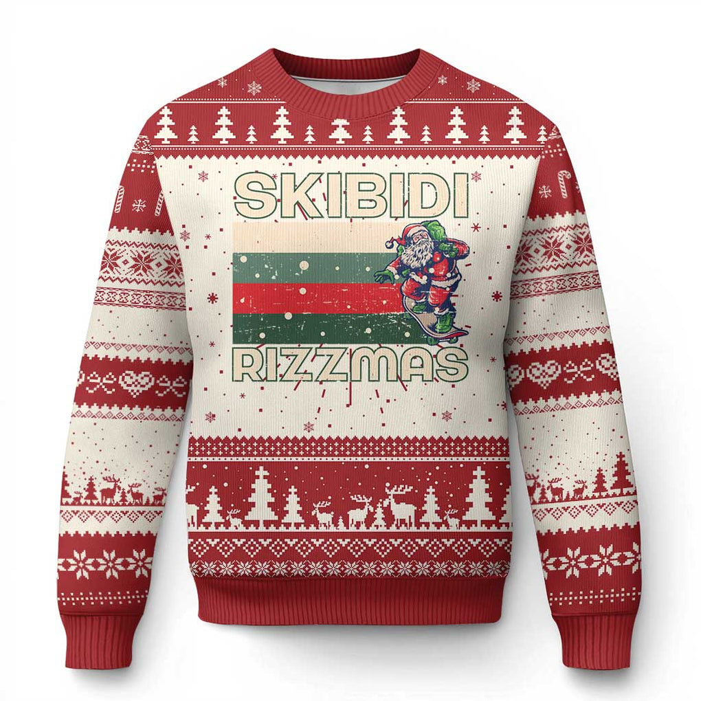 Funny Ugly Christmas Sweater Skibidi Rizzmas Rizz Santa Clause Skating Board Xmas Retro Stripe TS10 Red Print Your Wear