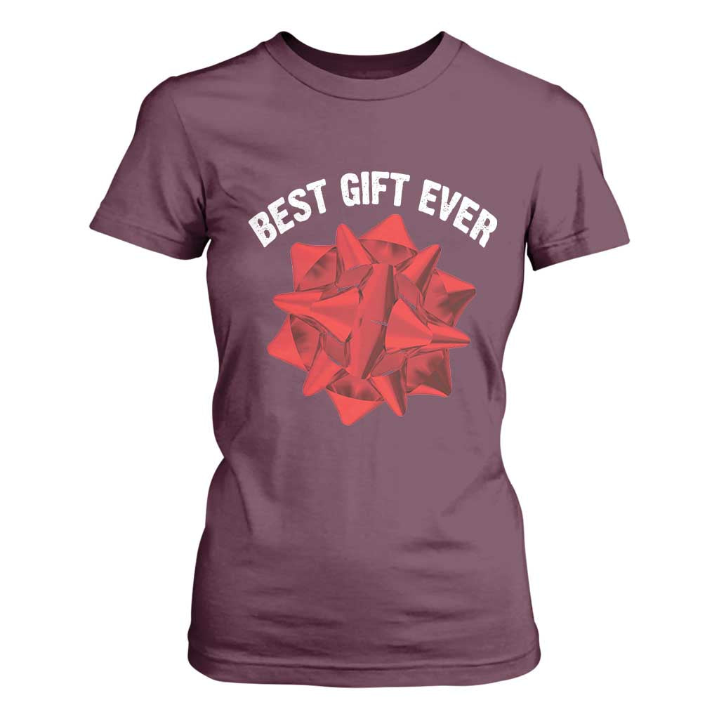 Christmas Present Costume T Shirt For Women Best Gift Ever Red Bow TS10 Maroon Print Your Wear