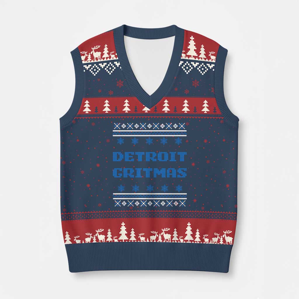 Detroit Ugly Christmas V-Neck Knit Sweater Vest Michigan 313 City TS10 Navy Red Print Your Wear