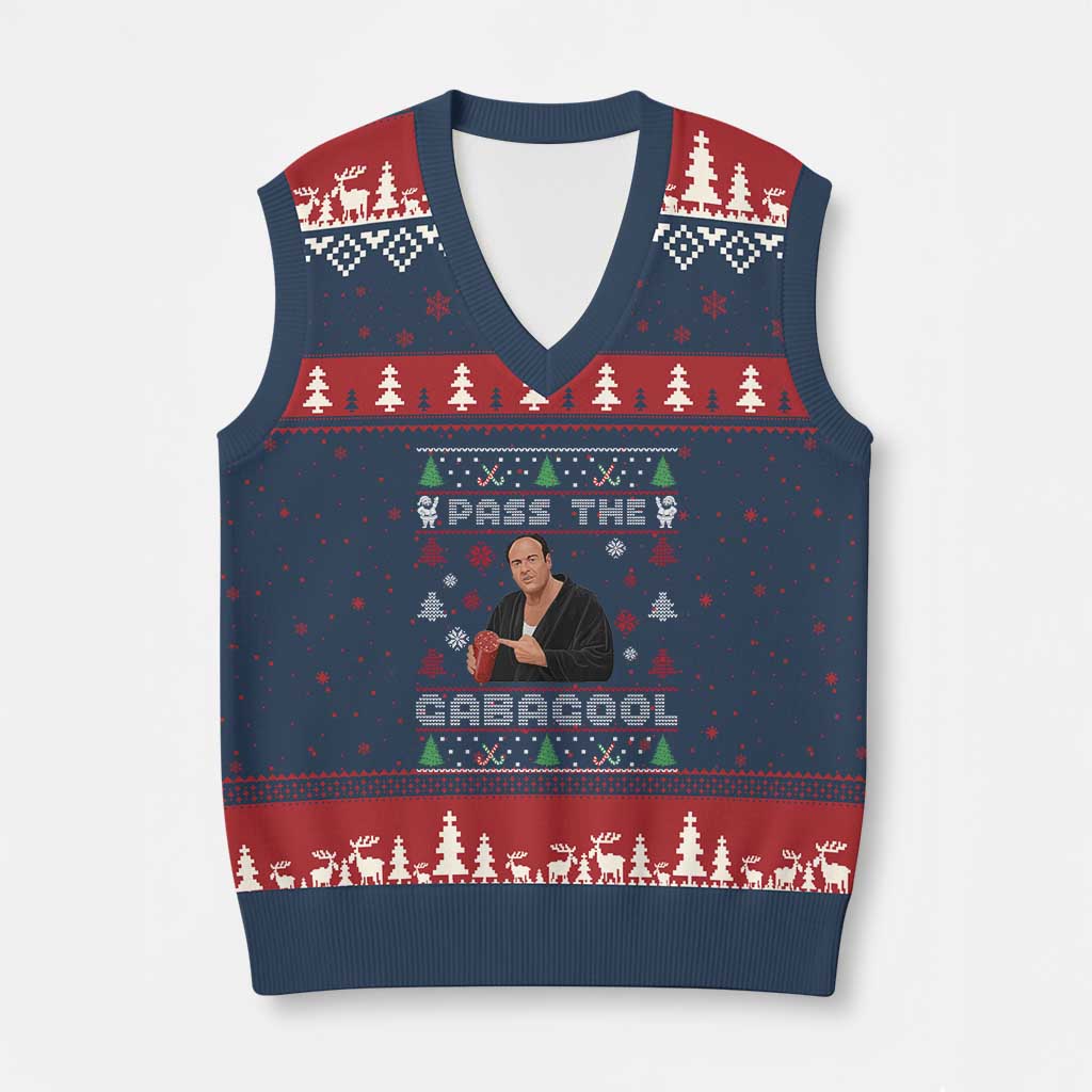 Pass The Gabagool Ugly Christmas V-Neck Knit Sweater Vest Retro TV Show Funny TS10 Navy Red Print Your Wear