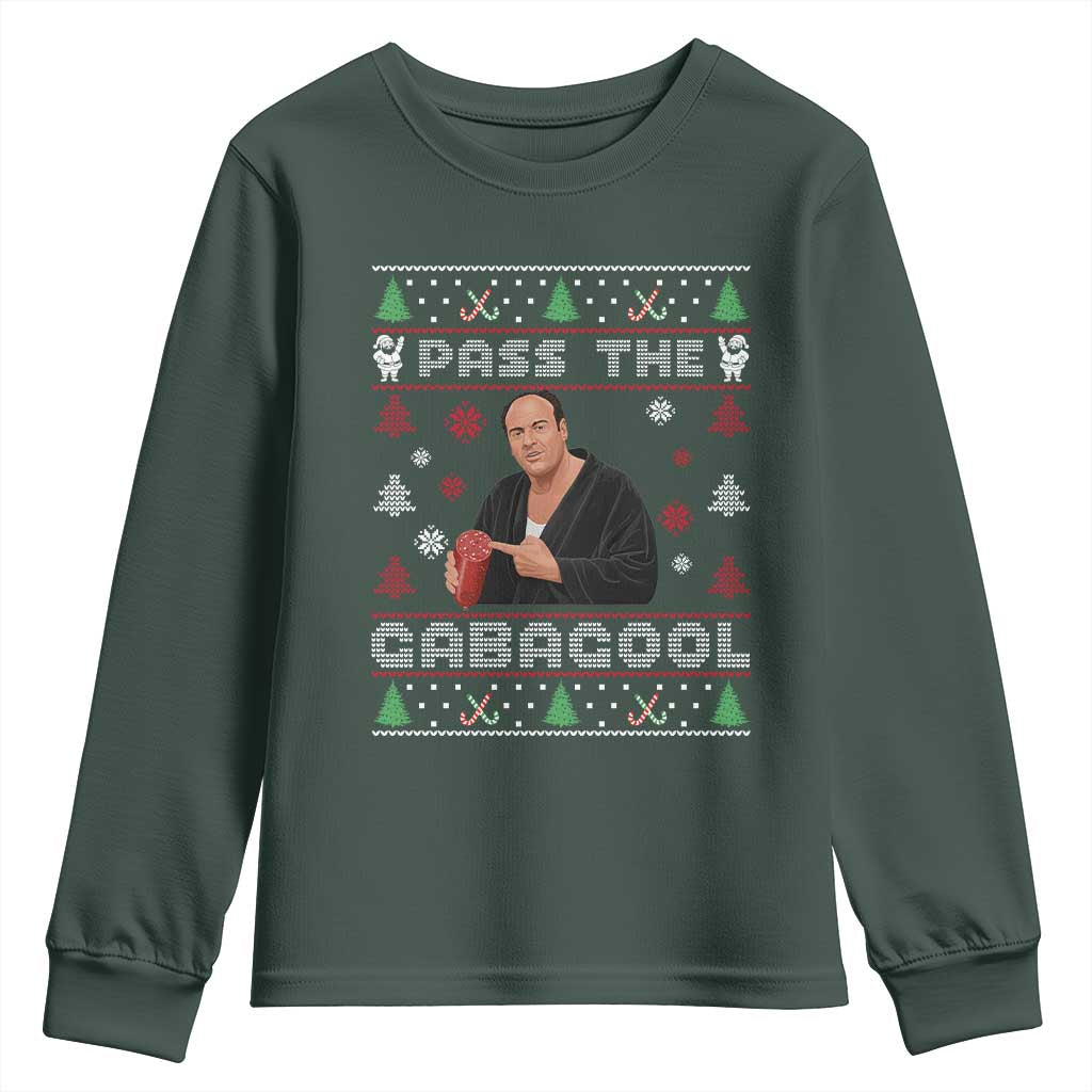 Pass The Gabagool Ugly Christmas Youth Sweatshirt Retro TV Show Funny TS10 Dark Forest Green Print Your Wear