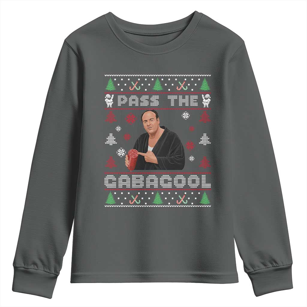Pass The Gabagool Ugly Christmas Youth Sweatshirt Retro TV Show Funny TS10 Dark Heather Print Your Wear