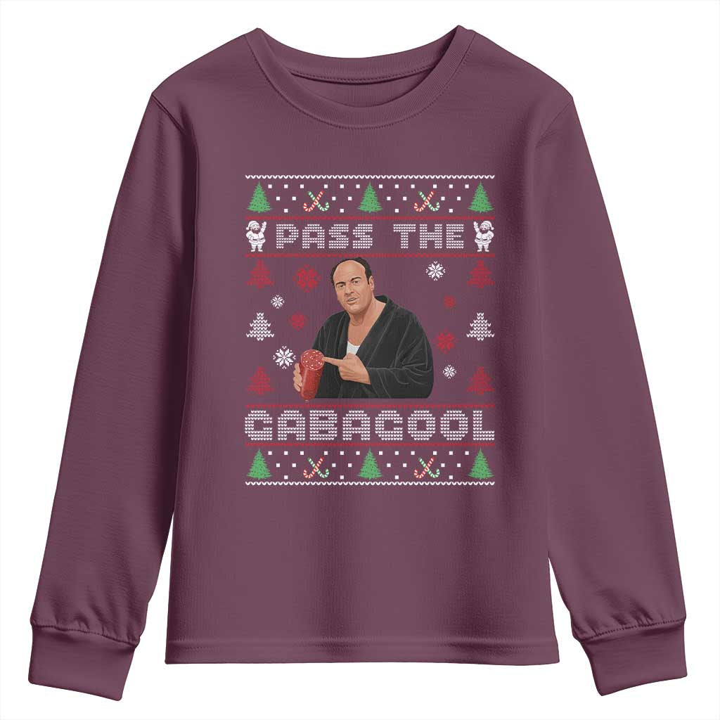 Pass The Gabagool Ugly Christmas Youth Sweatshirt Retro TV Show Funny TS10 Maroon Print Your Wear