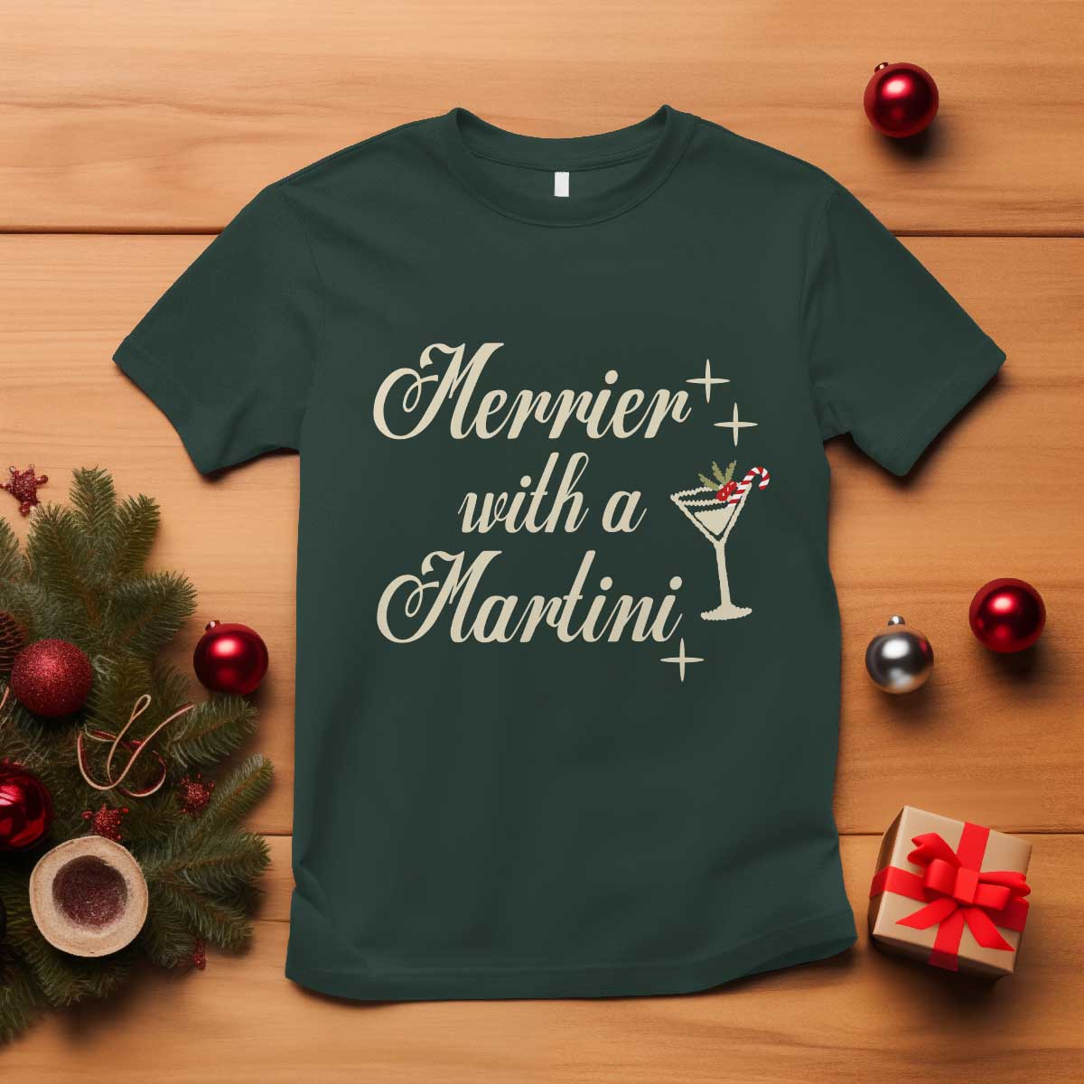 Merrier With a Martini Christmas T Shirt TS10 Dark Forest Green Print Your Wear
