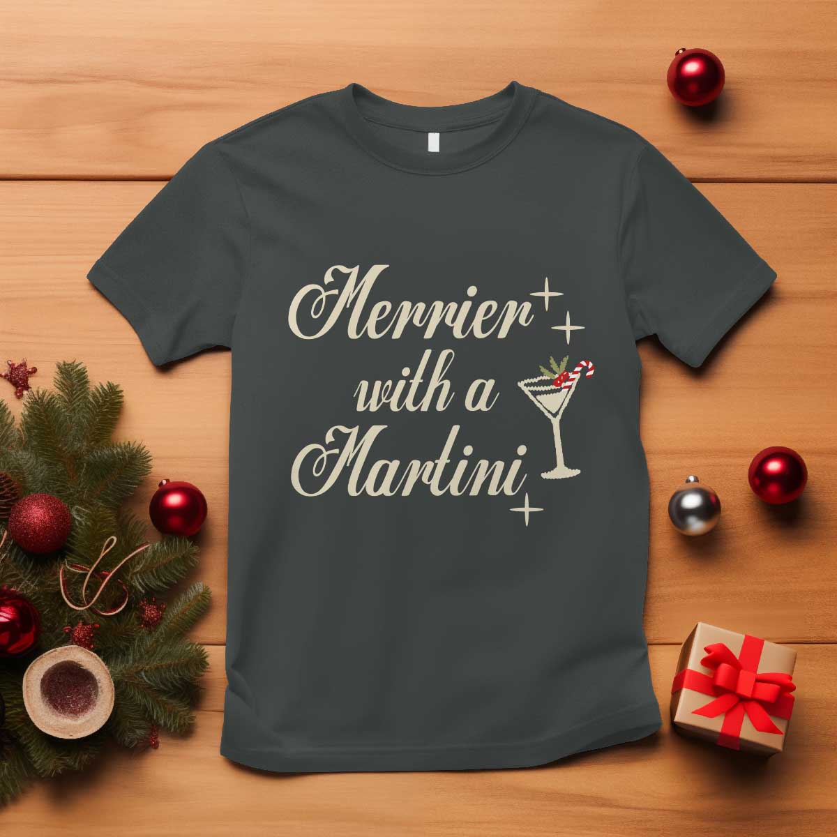 Merrier With a Martini Christmas T Shirt TS10 Dark Heather Print Your Wear