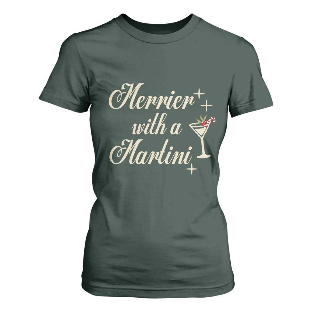 Merrier With a Martini Christmas T Shirt For Women TS10 Dark Forest Green Print Your Wear