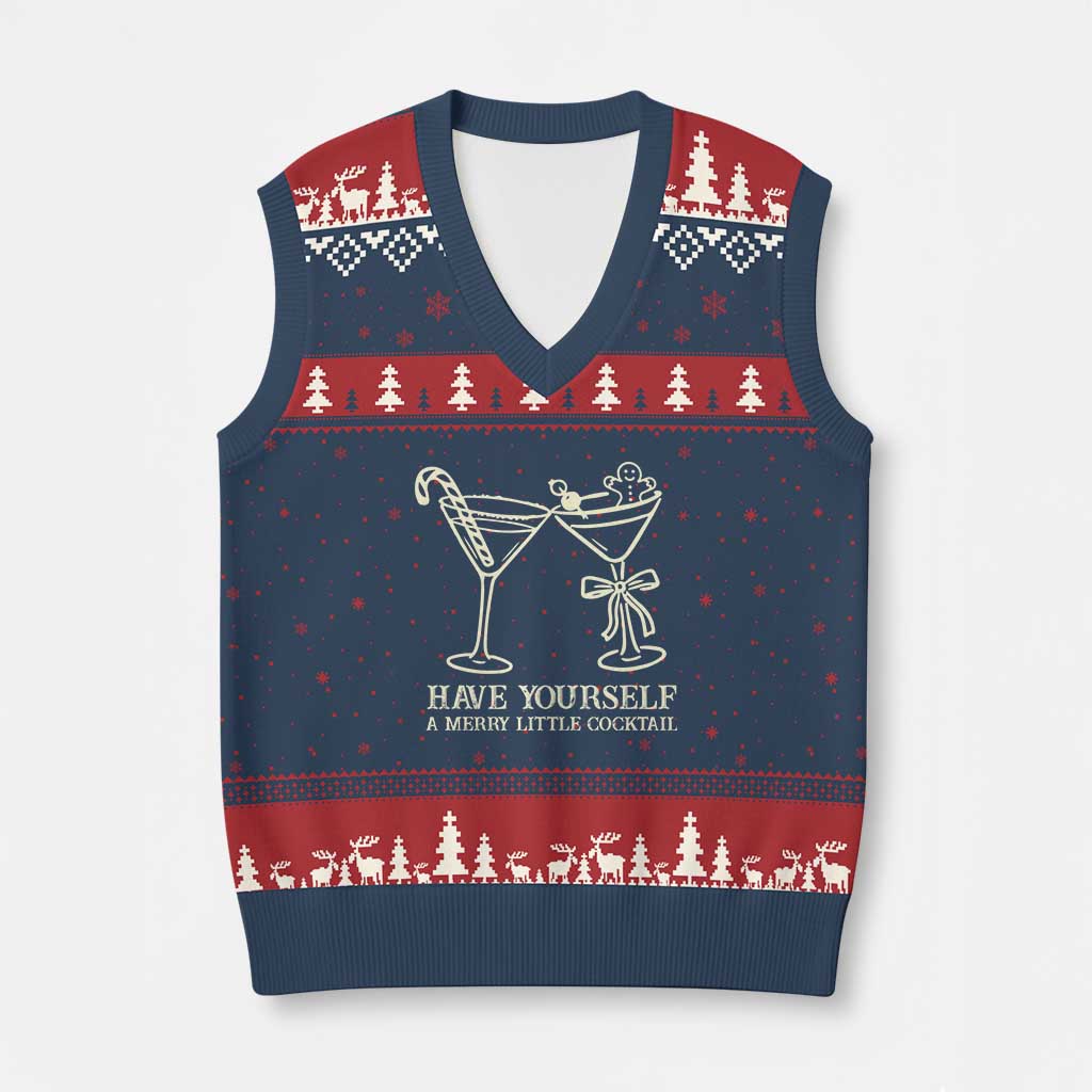 Xmas Cocktail V-Neck Knit Sweater Vest Merry Little Cocktail Espresso Martini TS10 Navy Red Print Your Wear