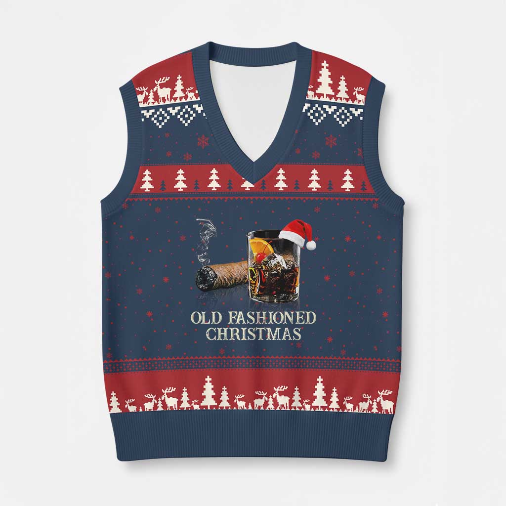 Old Fashioned Cocktail Xmas V-Neck Knit Sweater Vest Funny Bourbon Cocktail Drink TS10 Navy Red Print Your Wear