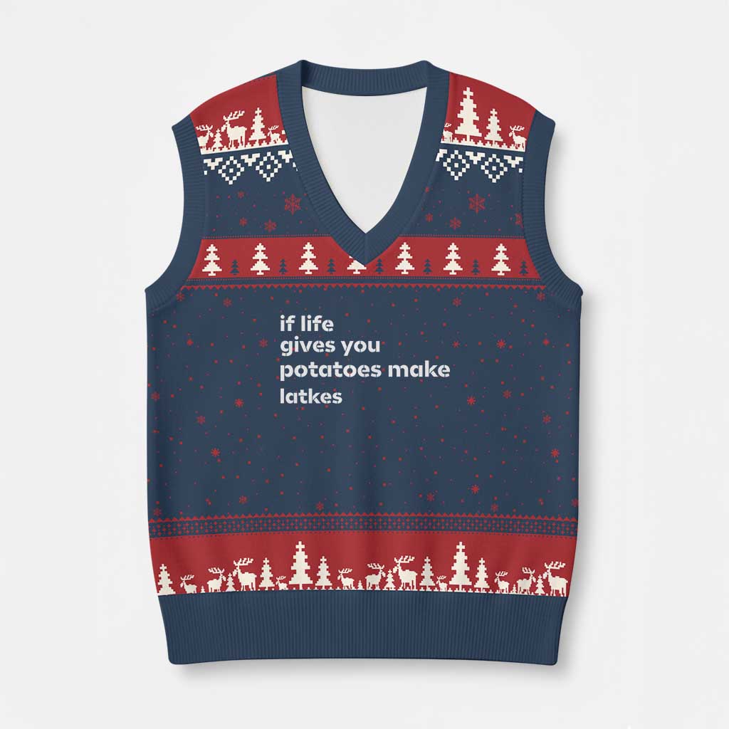 Life Gives Potatoes Make Latkes V-Neck Knit Sweater Vest Funny Hanukkah Gift Jewish Holiday TS10 Navy Red Print Your Wear