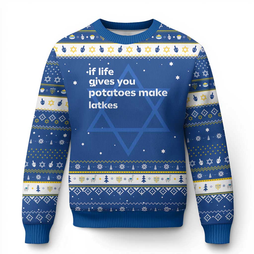 Life Gives Potatoes Make Latkes Hanukkah Ugly Sweater Funny Hanukkah Gift Jewish Holiday TS10 Blue White Print Your Wear