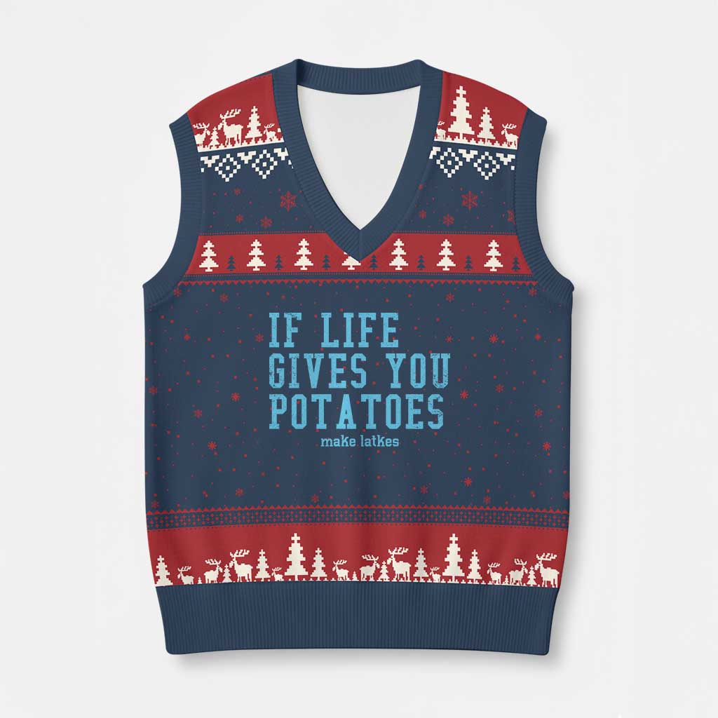 If Life Gives You Potatoes Make Latkes V-Neck Knit Sweater Vest Funny Hanukkah Gift Jewish Holiday TS10 Navy Red Print Your Wear