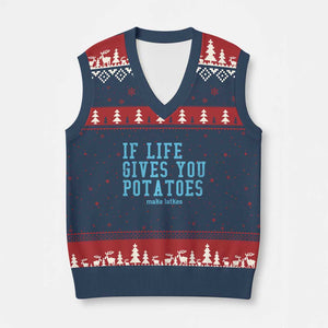 If Life Gives You Potatoes Make Latkes V-Neck Knit Sweater Vest Funny Hanukkah Gift Jewish Holiday TS10 Navy Red Print Your Wear