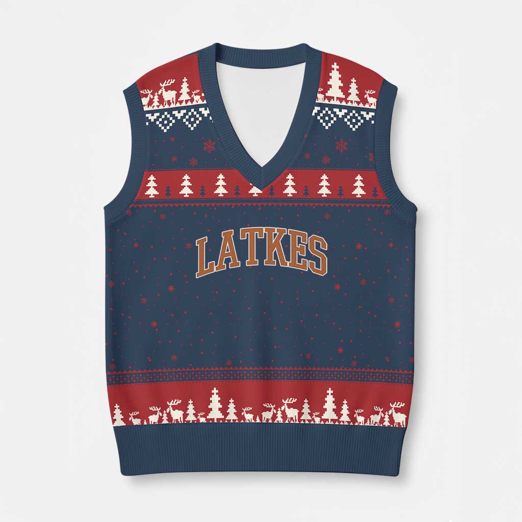 Latkes V-Neck Knit Sweater Vest Funny Hanukkah Gift Jewish Holiday Food Apparel TS10 Navy Red Print Your Wear