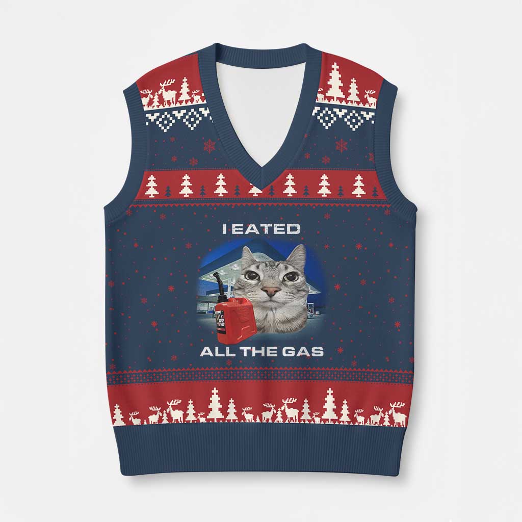 Sarcastic Cat Meme V-Neck Knit Sweater Vest Funny Retro I Eated All The Gas Gen Z Humor TS10 Navy Red Print Your Wear