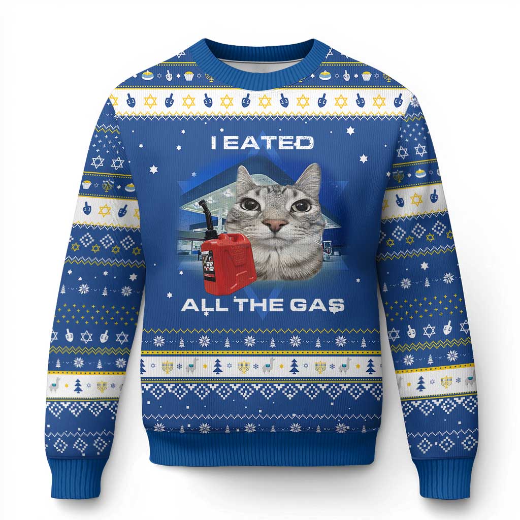 Sarcastic Cat Meme Hanukkah Ugly Sweater Funny Retro I Eated All The Gas Gen Z Humor TS10 Blue White Print Your Wear