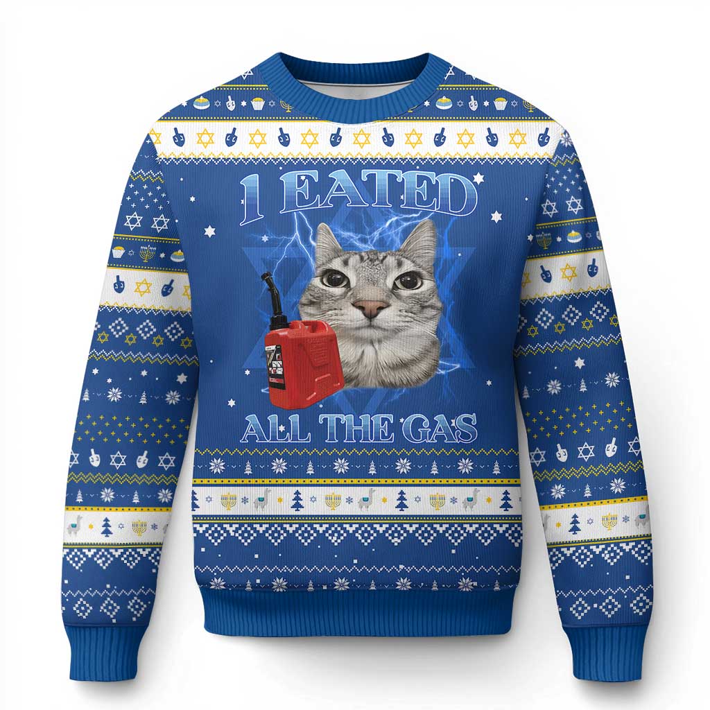 Sarcastic Cat Meme Hanukkah Ugly Sweater I Eated All The Gas Gen Z Humor Bootleg TS10 Blue White Print Your Wear
