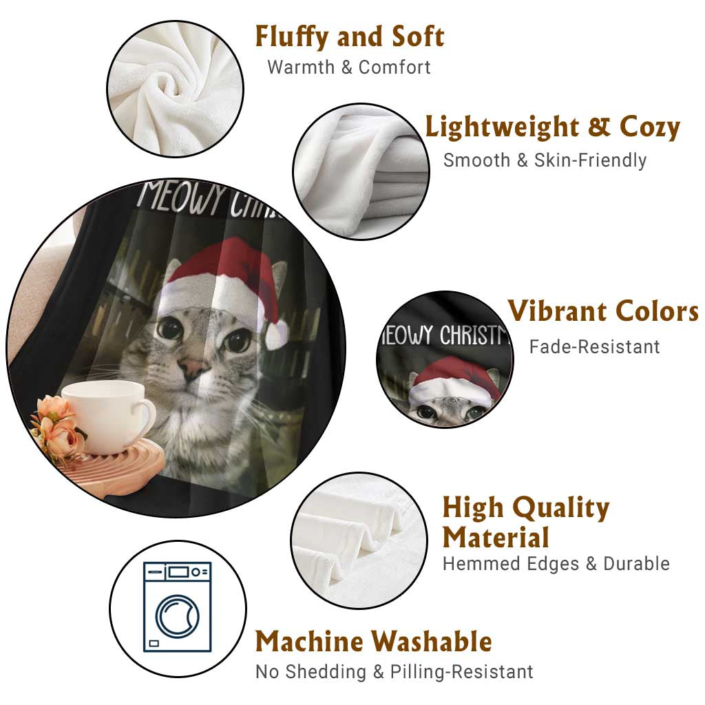 Meowy Christmas Throw Blanket Xmas Silly Staring Cat Meme Santa Hat TS10 Print Your Wear