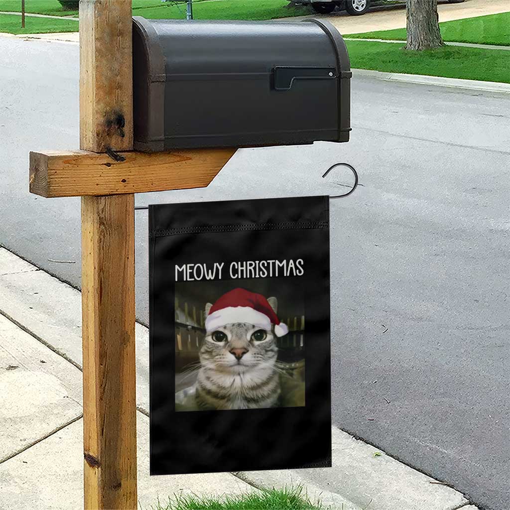 Meowy Christmas Garden Flag Xmas Silly Staring Cat Meme Santa Hat TS10 Print Your Wear