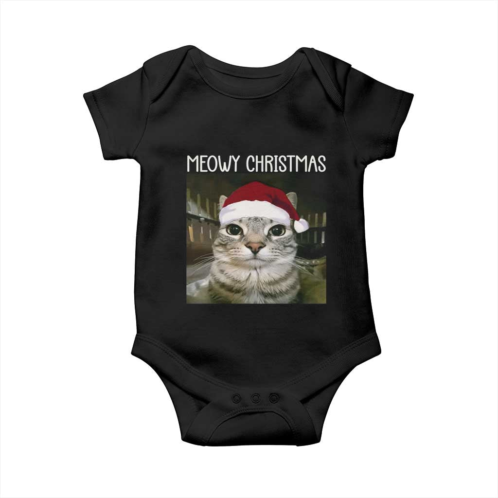 Meowy Christmas Baby Onesie Xmas Silly Staring Cat Meme Santa Hat TS10 Black Print Your Wear