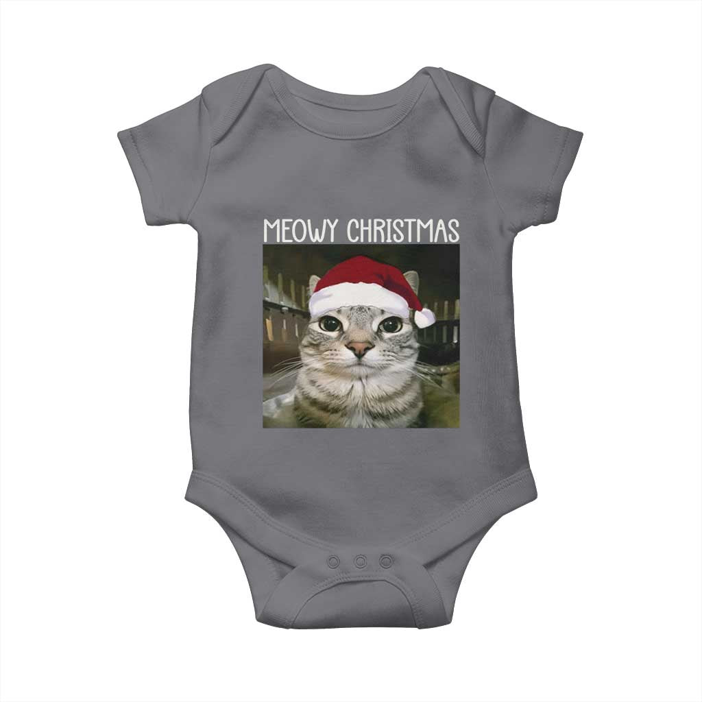 Meowy Christmas Baby Onesie Xmas Silly Staring Cat Meme Santa Hat TS10 Charcoal Print Your Wear