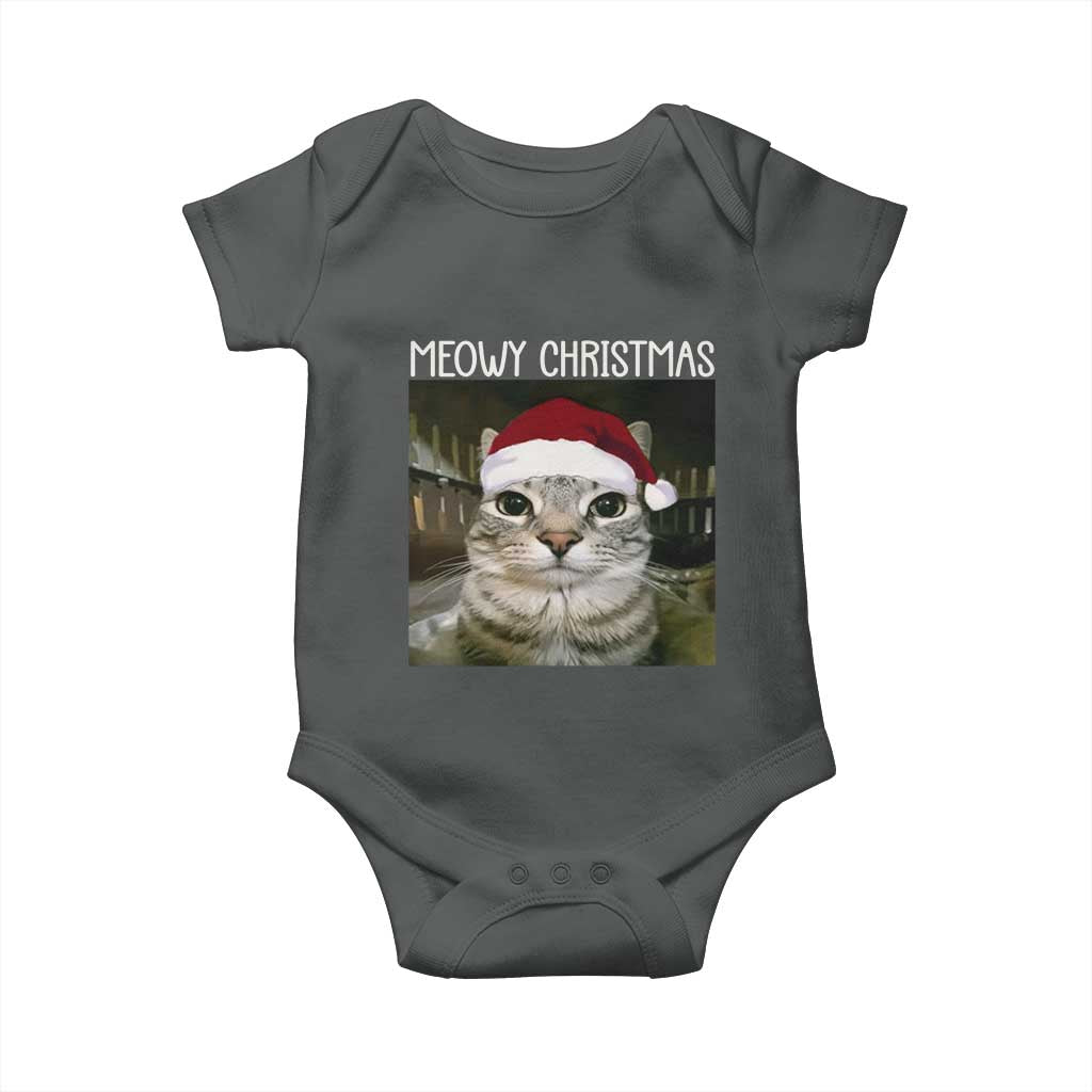 Meowy Christmas Baby Onesie Xmas Silly Staring Cat Meme Santa Hat TS10 Dark Heather Print Your Wear