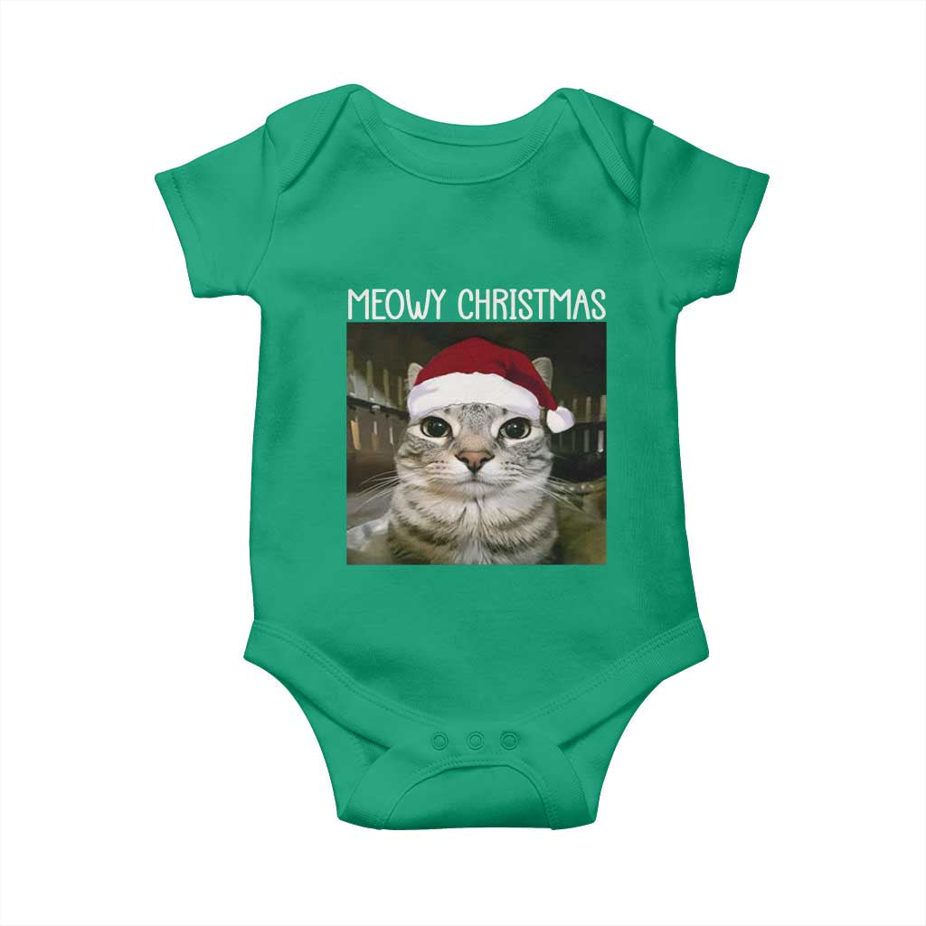 Meowy Christmas Baby Onesie Xmas Silly Staring Cat Meme Santa Hat TS10 Irish Green Print Your Wear