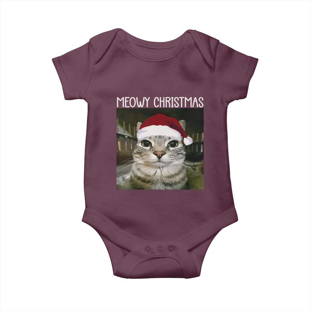 Meowy Christmas Baby Onesie Xmas Silly Staring Cat Meme Santa Hat TS10 Maroon Print Your Wear