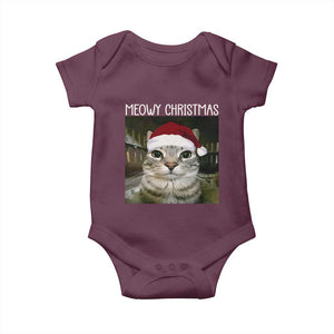 Meowy Christmas Baby Onesie Xmas Silly Staring Cat Meme Santa Hat TS10 Maroon Print Your Wear