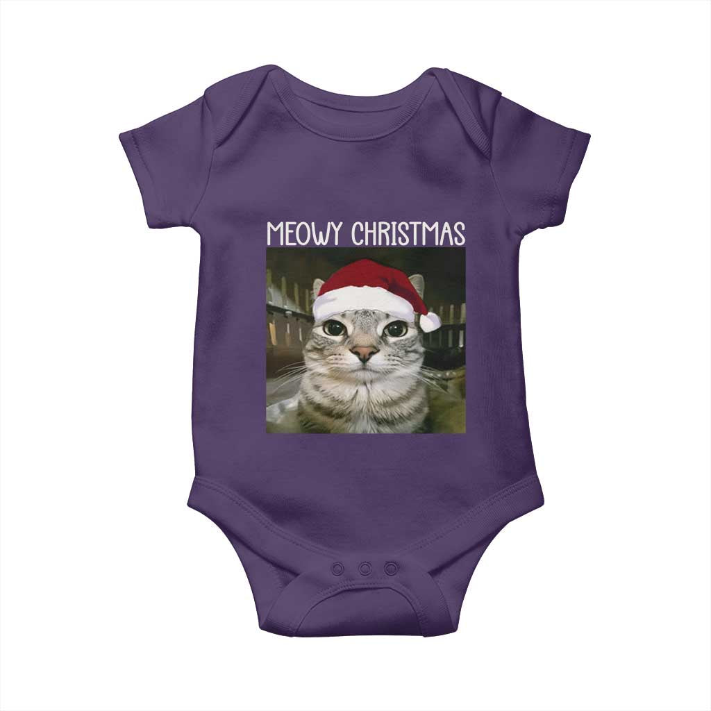 Meowy Christmas Baby Onesie Xmas Silly Staring Cat Meme Santa Hat TS10 Purple Print Your Wear