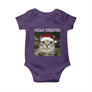 Meowy Christmas Baby Onesie Xmas Silly Staring Cat Meme Santa Hat TS10 Purple Print Your Wear