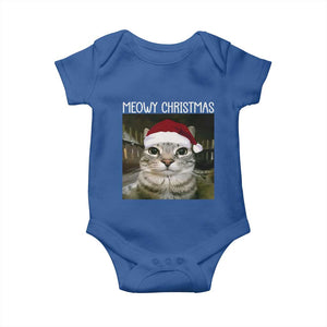 Meowy Christmas Baby Onesie Xmas Silly Staring Cat Meme Santa Hat TS10 Royal Blue Print Your Wear