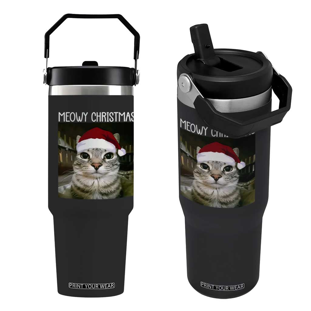 Meowy Christmas Flip Straw Tumbler Xmas Silly Staring Cat Meme Santa Hat TS10 One Size: 30 oz Black Print Your Wear