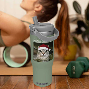 Meowy Christmas Flip Straw Tumbler Xmas Silly Staring Cat Meme Santa Hat TS10 One Size: 30 oz Moss Green Print Your Wear