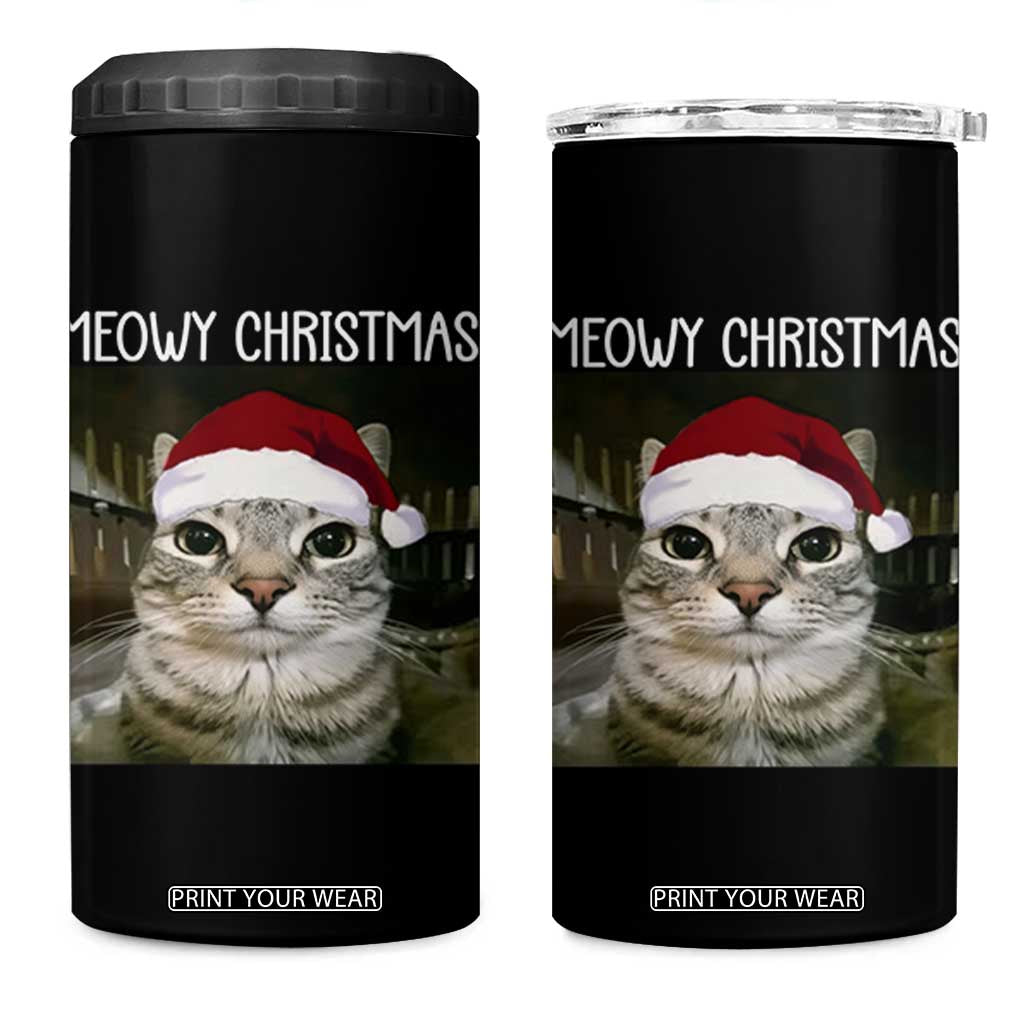 Meowy Christmas 4 in 1 Can Cooler Tumbler Xmas Silly Staring Cat Meme Santa Hat TS10 One Size: 16 oz Black Print Your Wear