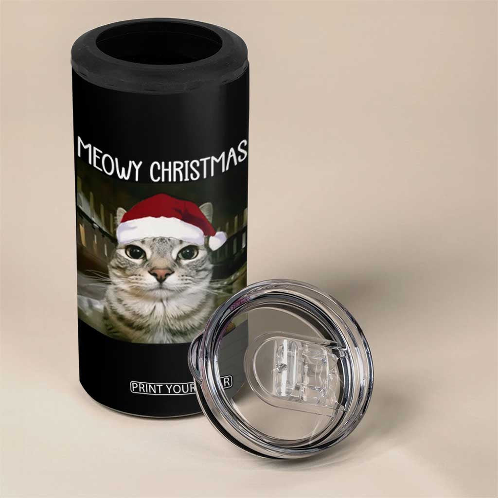 Meowy Christmas 4 in 1 Can Cooler Tumbler Xmas Silly Staring Cat Meme Santa Hat TS10 Print Your Wear