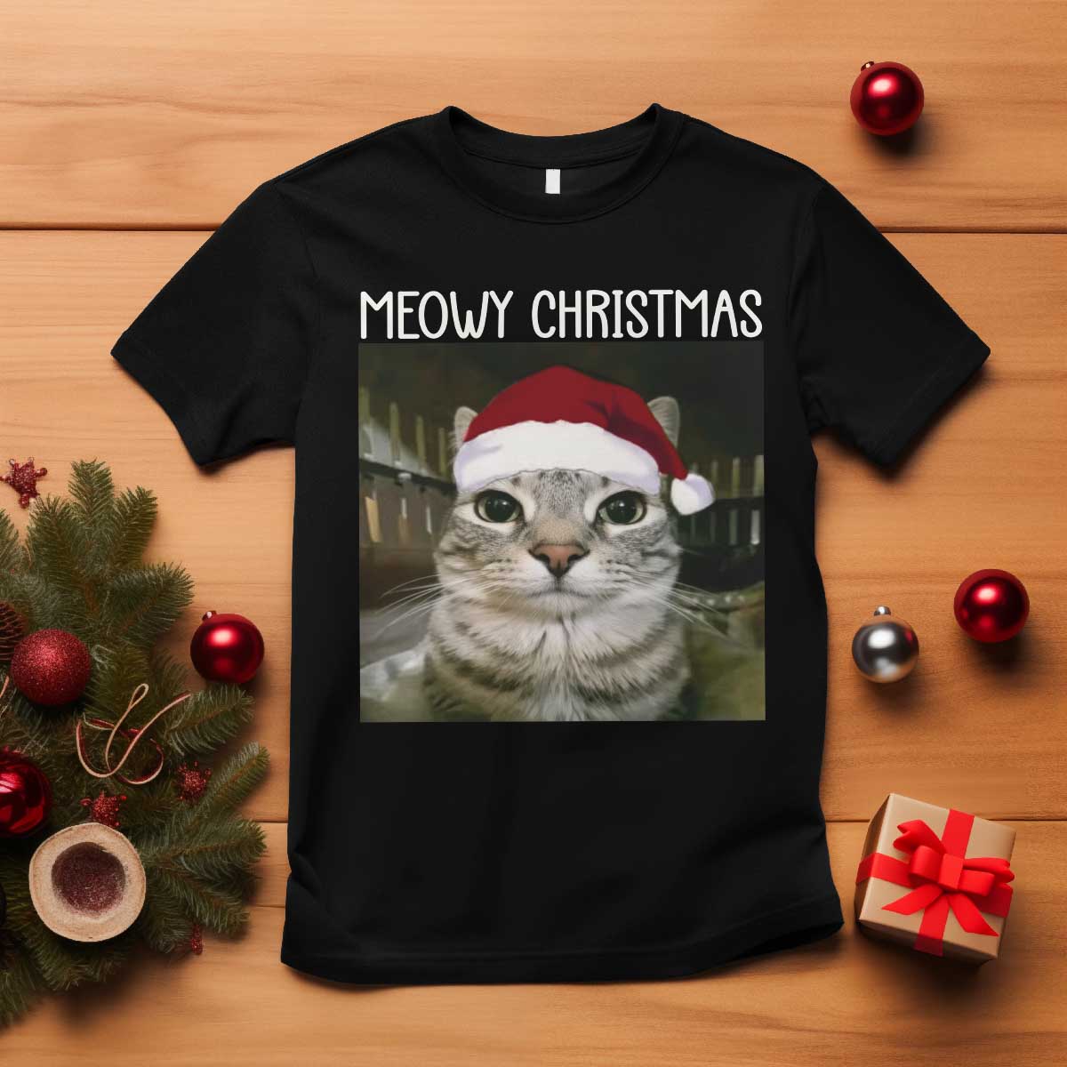 Meowy Christmas T Shirt Xmas Silly Staring Cat Meme Santa Hat TS10 Black Print Your Wear