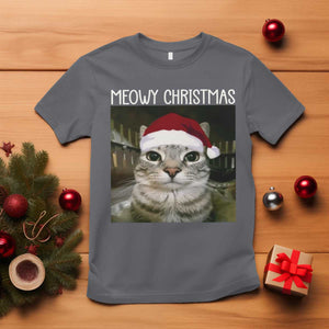 Meowy Christmas T Shirt Xmas Silly Staring Cat Meme Santa Hat TS10 Charcoal Print Your Wear
