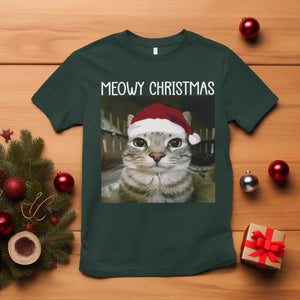 Meowy Christmas T Shirt Xmas Silly Staring Cat Meme Santa Hat TS10 Dark Forest Green Print Your Wear