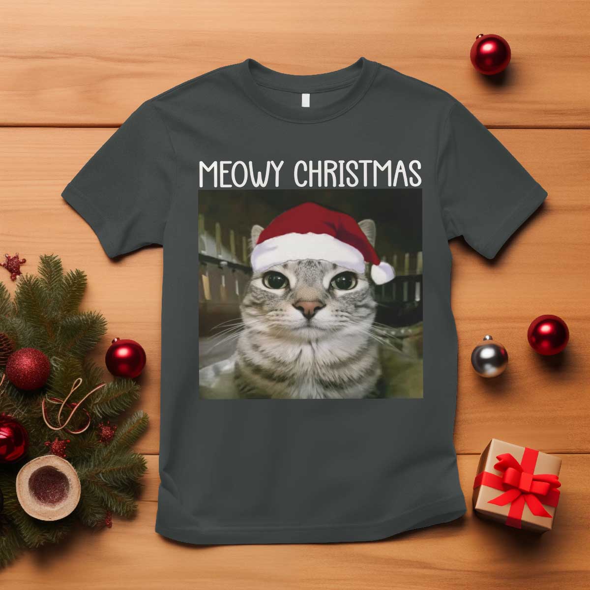 Meowy Christmas T Shirt Xmas Silly Staring Cat Meme Santa Hat TS10 Dark Heather Print Your Wear