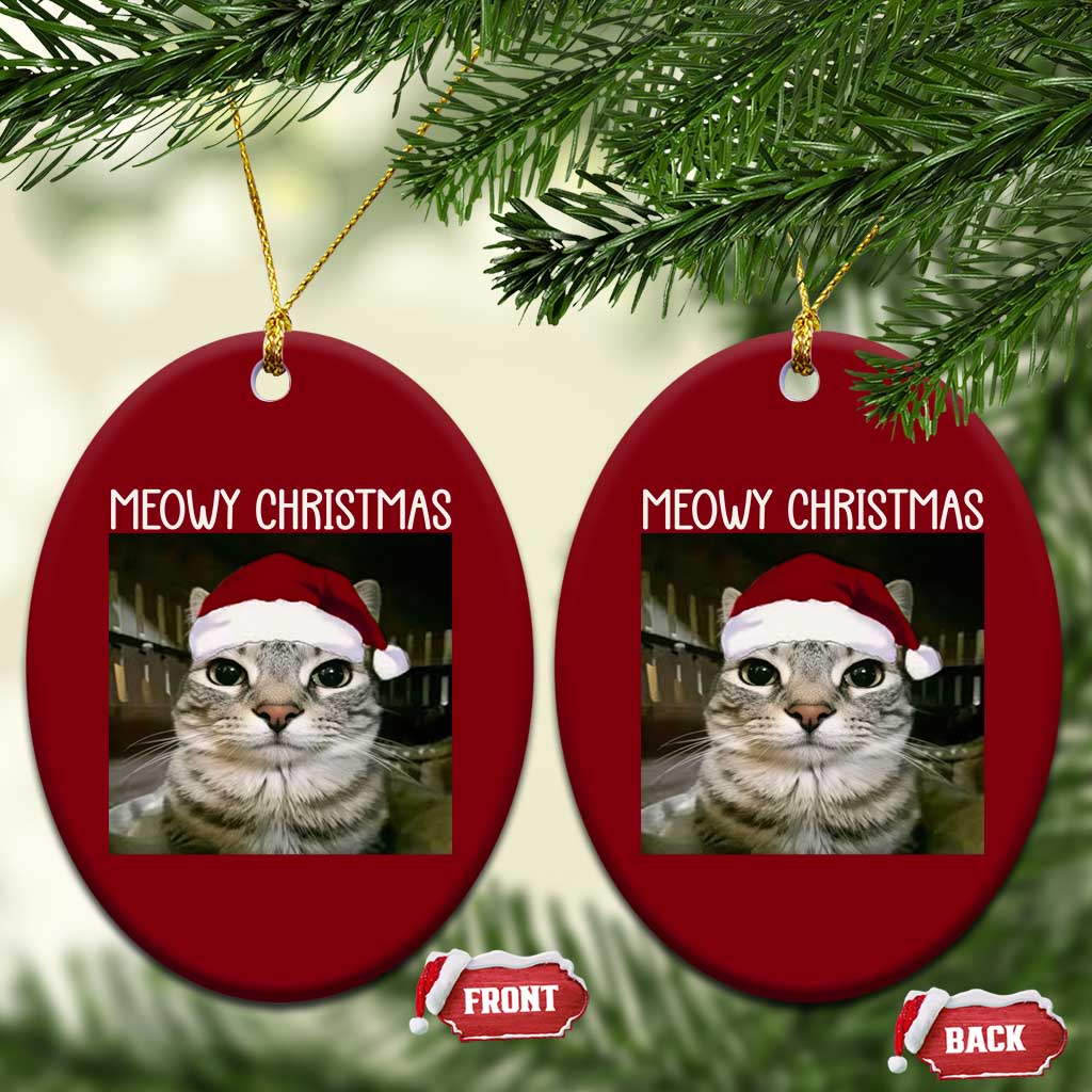 Meowy Christmas Ceramic Ornament Xmas Silly Staring Cat Meme Santa Hat TS10 Print Your Wear