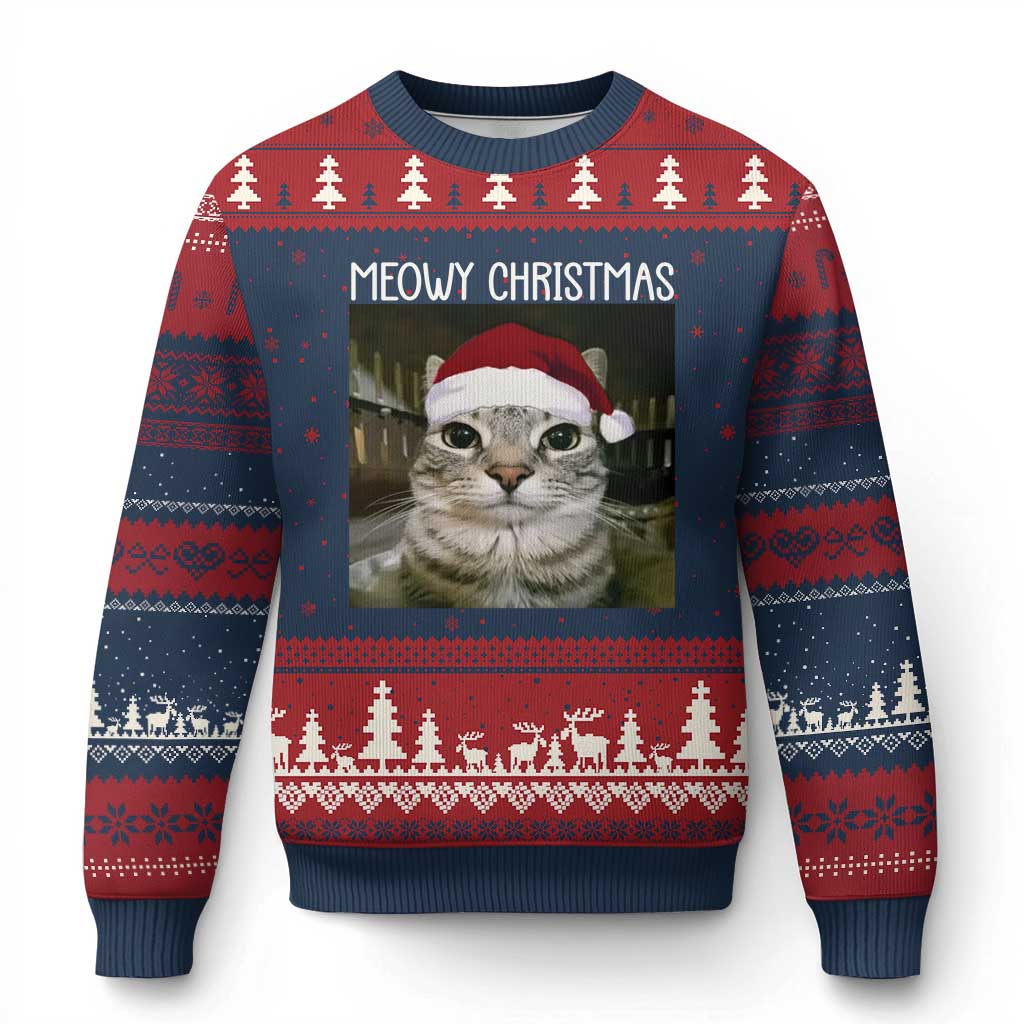 Meowy Xmas Ugly Christmas Sweater Xmas Silly Staring Cat Meme Santa Hat TS10 Navy Red Print Your Wear