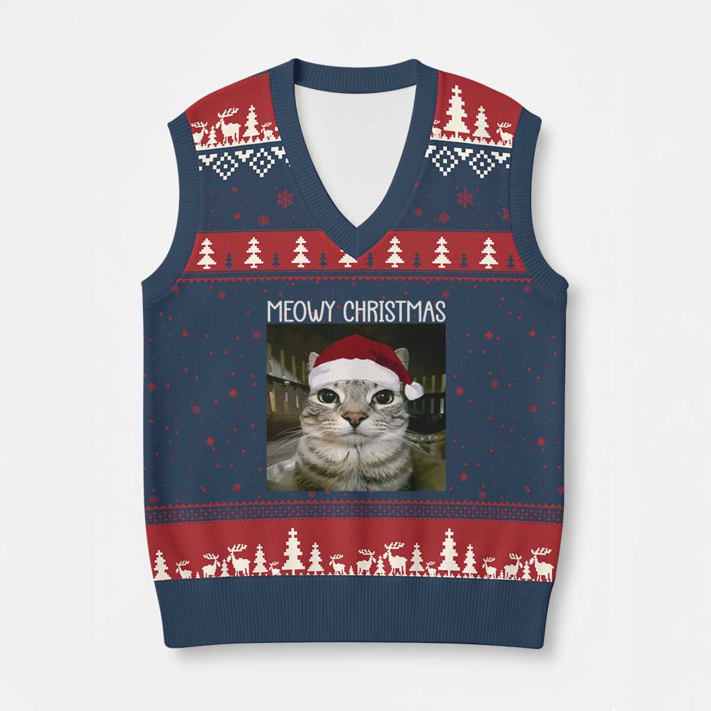 Meowy Xmas V-Neck Knit Sweater Vest Xmas Silly Staring Cat Meme Santa Hat TS10 Navy Red Print Your Wear