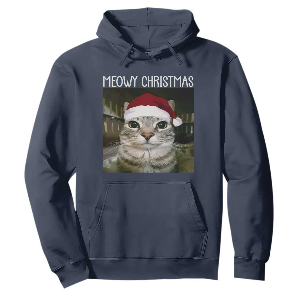 Meowy Christmas Hoodie Xmas Silly Staring Cat Meme Santa Hat TS10 Navy Print Your Wear