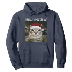 Meowy Christmas Hoodie Xmas Silly Staring Cat Meme Santa Hat TS10 Navy Print Your Wear