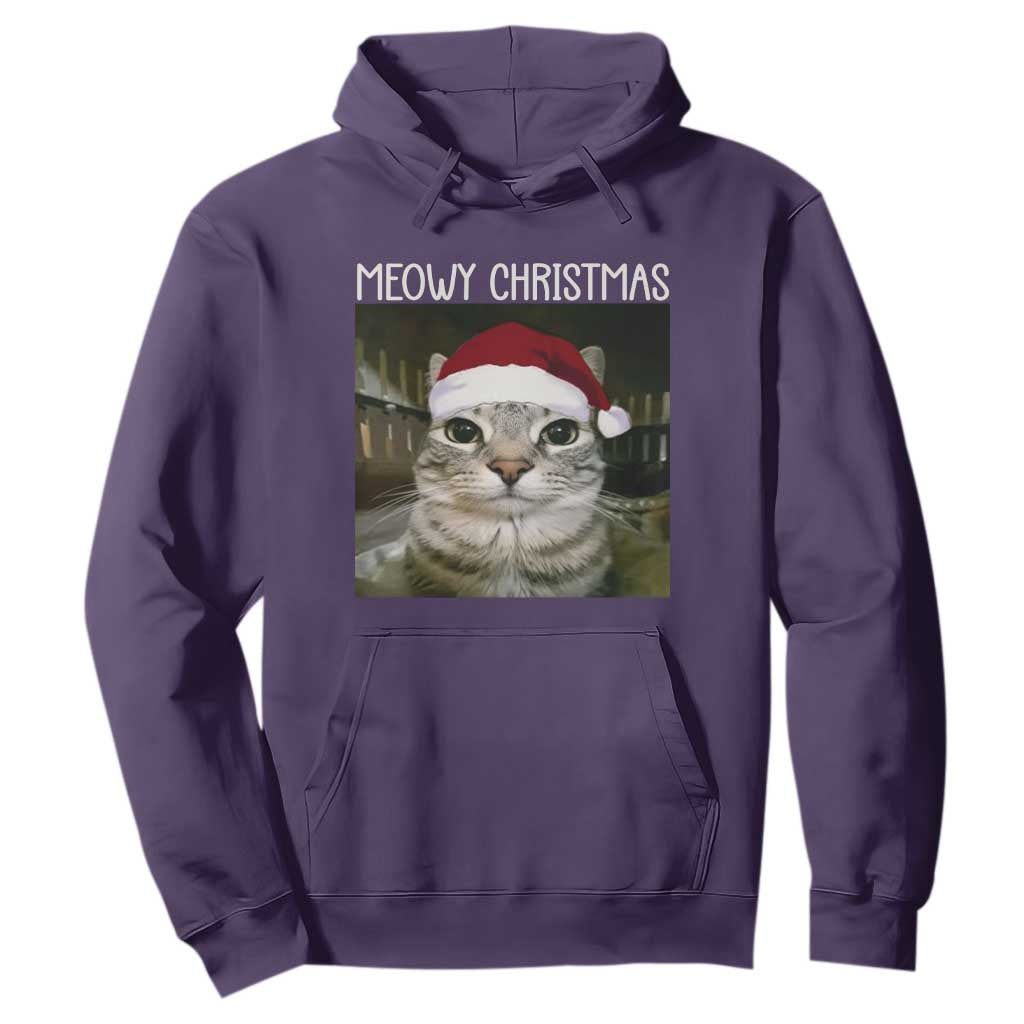 Meowy Christmas Hoodie Xmas Silly Staring Cat Meme Santa Hat TS10 Purple Print Your Wear