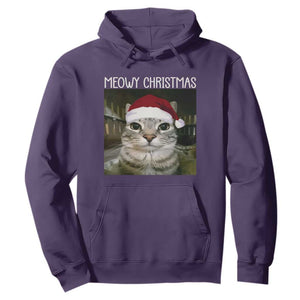 Meowy Christmas Hoodie Xmas Silly Staring Cat Meme Santa Hat TS10 Purple Print Your Wear