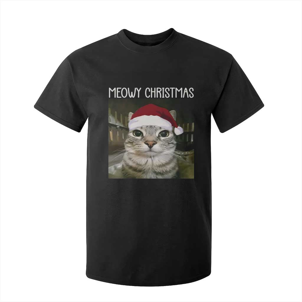 Meowy Christmas T Shirt For Kid Xmas Silly Staring Cat Meme Santa Hat TS10 Black Print Your Wear