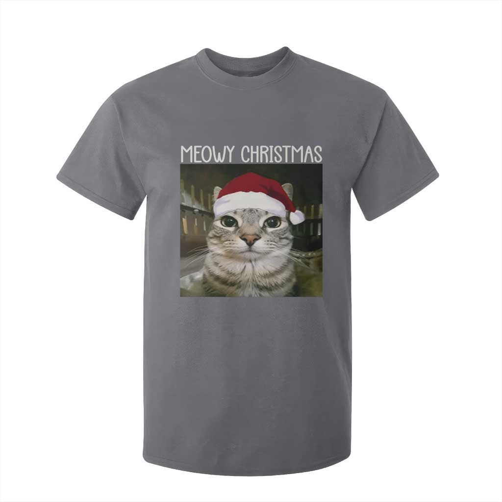 Meowy Christmas T Shirt For Kid Xmas Silly Staring Cat Meme Santa Hat TS10 Charcoal Print Your Wear