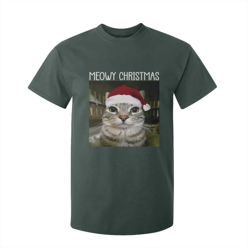 Meowy Christmas T Shirt For Kid Xmas Silly Staring Cat Meme Santa Hat TS10 Dark Forest Green Print Your Wear